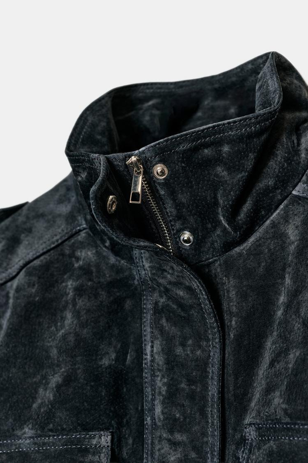 ZARA КУРТКА ИЗ 100% ЗАМШИ С КАРМАНАМИ, СИНИЙ