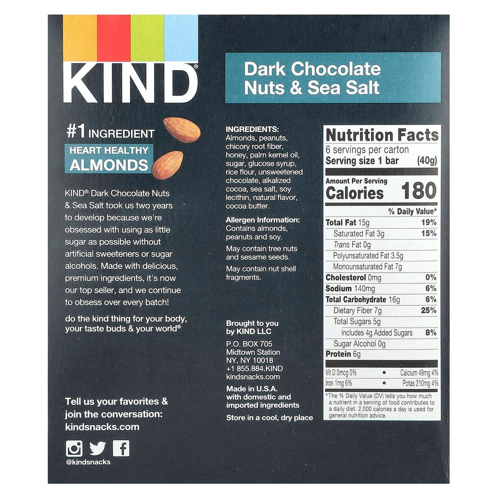 KIND Bars, Протеиновые батончики, темный шоколад, орехи и морская соль, 6 батончиков по 40 г (1,4 унции)