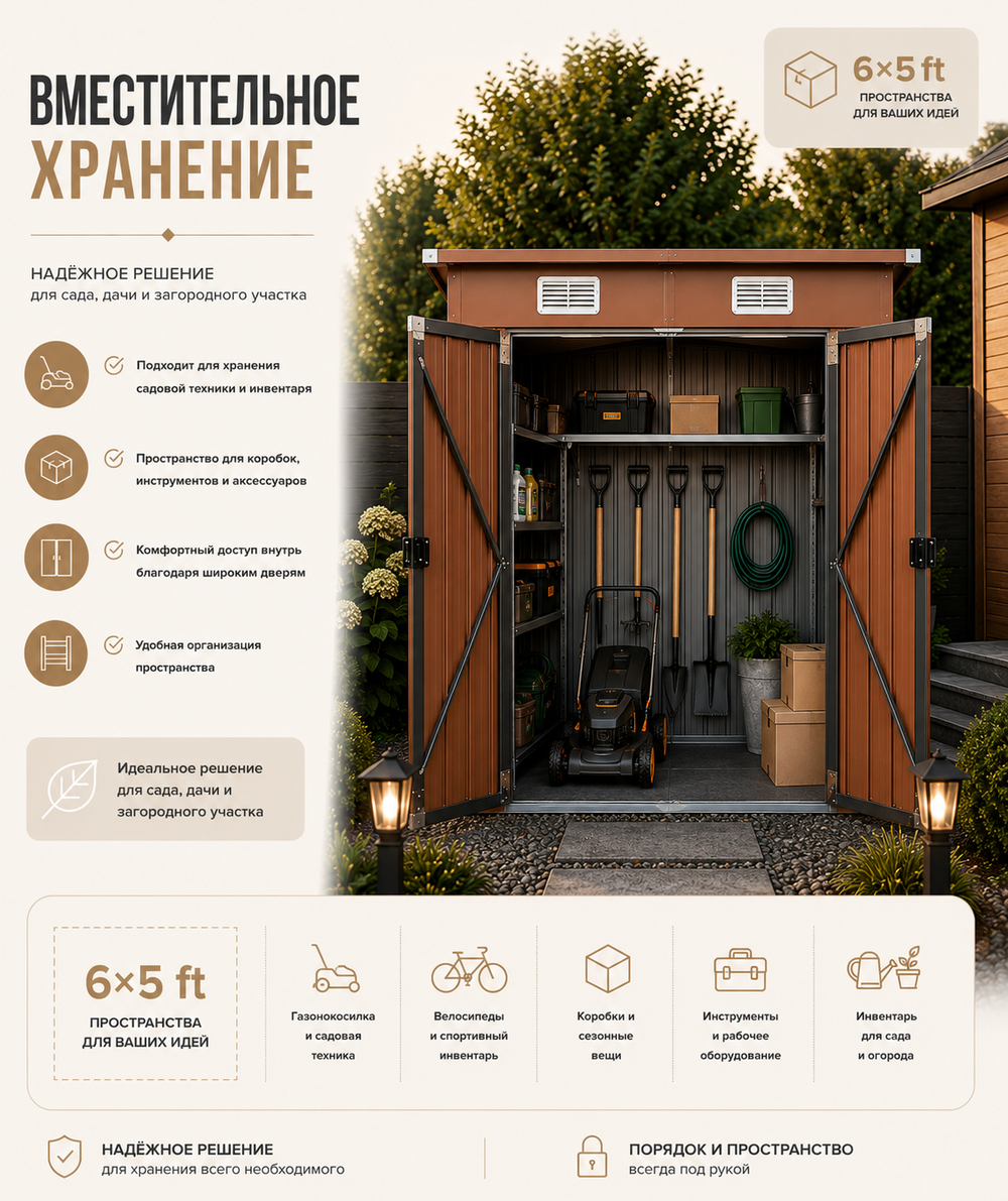 Металлический сарай 6×5 с односкатной крышей, 185×148×187 см