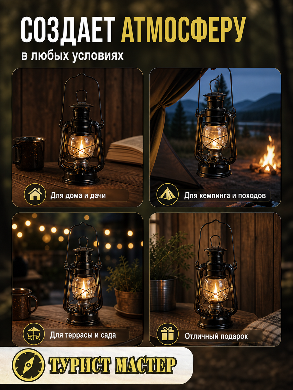 Лампа керосиновая «Винтаж» 19см 110мл переносная, цвет черный