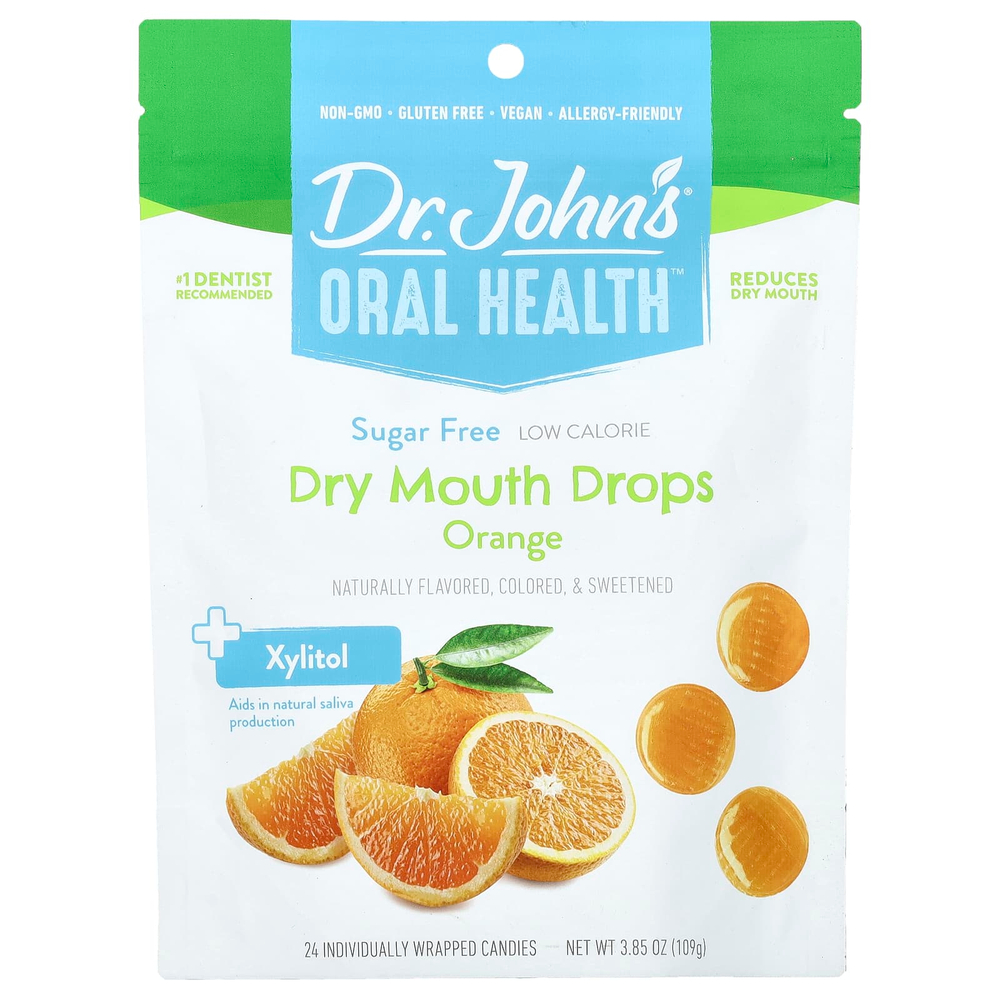 Dr. John's Healthy Sweets, Oral Health™, капли от сухости для рта, с ксилитолом, апельсин, 24 конфеты в индивидуальной упаковке. 109 г (3,85 унции)