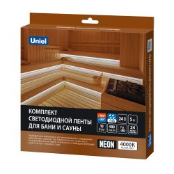 ULS-N40-2835-120LED-m-16mm-IP68-DC24V-10W-m-5M-4000K NEON SET01 Комплект светодиодной ленты для бань и саун. до +100С. катушка 5м. Белый свет 4000К. Крепление в-к. TM Uniel