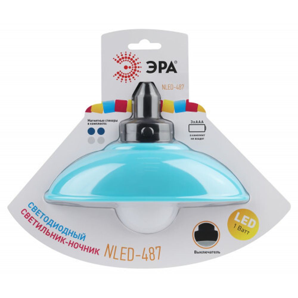 Ночник - светильник светодиодный ЭРА NLED-487-1W-SW-BU настенный на батарейках с выключателем голубой