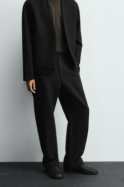 ZARA БРЮКИ КОСТЮМНЫЕ ИЗ ХЛОПКА И ЛЬНА, ЧЕРНЫЙ