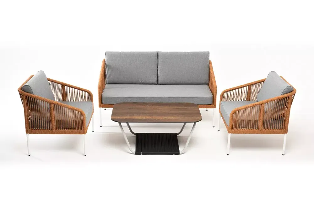 "Канны" лаунж-зона 4-местная из роупа со столом "Глория" цвет "дуб", каркас алюминиевый светло-серый, роуп оранжевый меланж