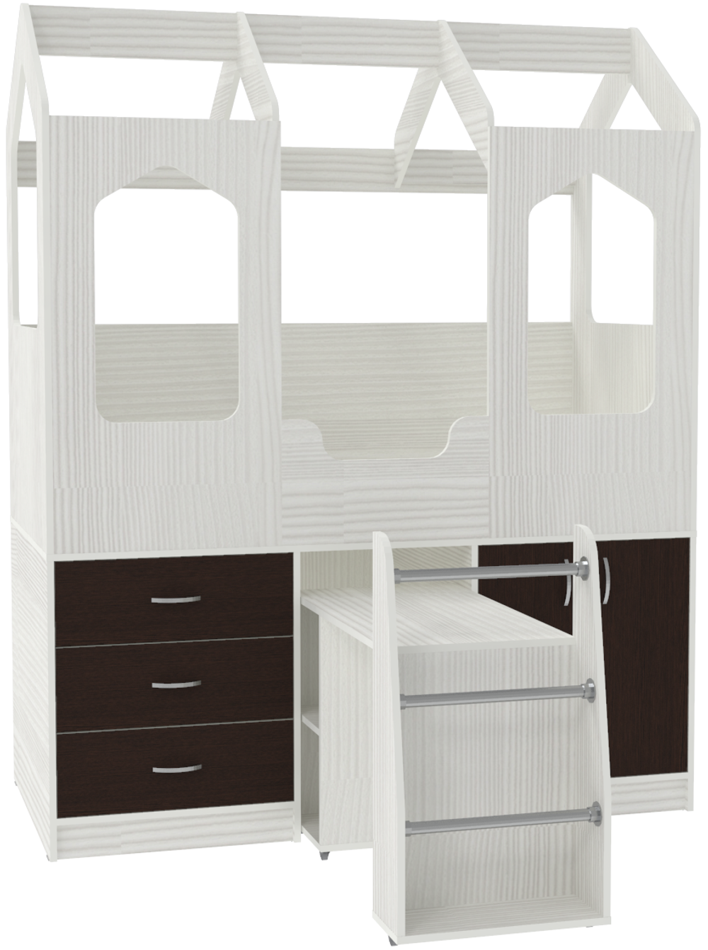 Кровать-чердак КарИВи Домик Сказка с выдвижным столом ДС-14 Белое Дерево Венге