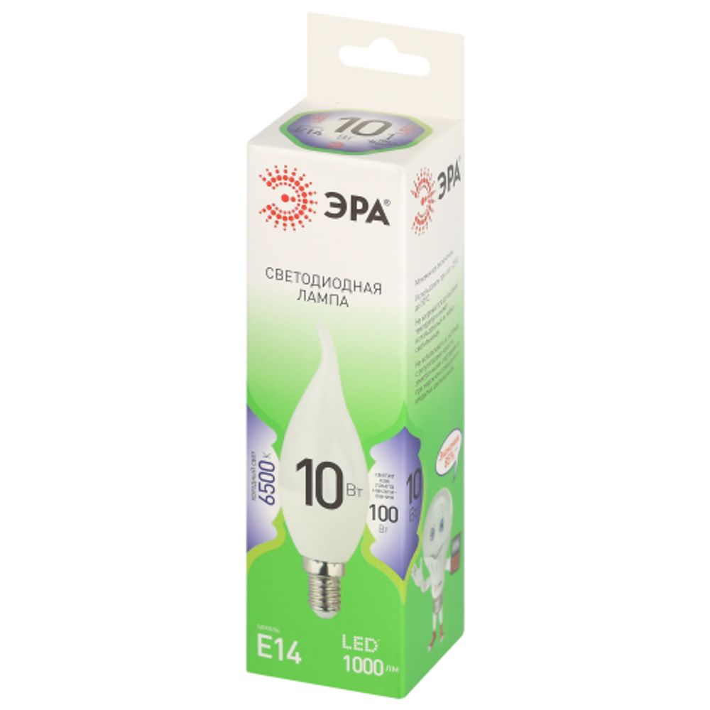 Лампа светодиодная ЭРА GREEN LINE LED BXS-10W-865-E14 GL 10Вт свеча на ветру холодный свет E14 | Лампы cветодиодные Свеча (B/C)