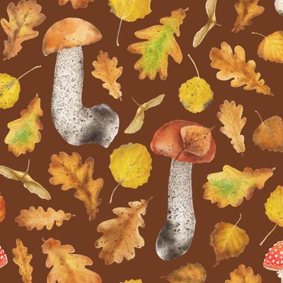 Осенний лес с грибами на коричневом