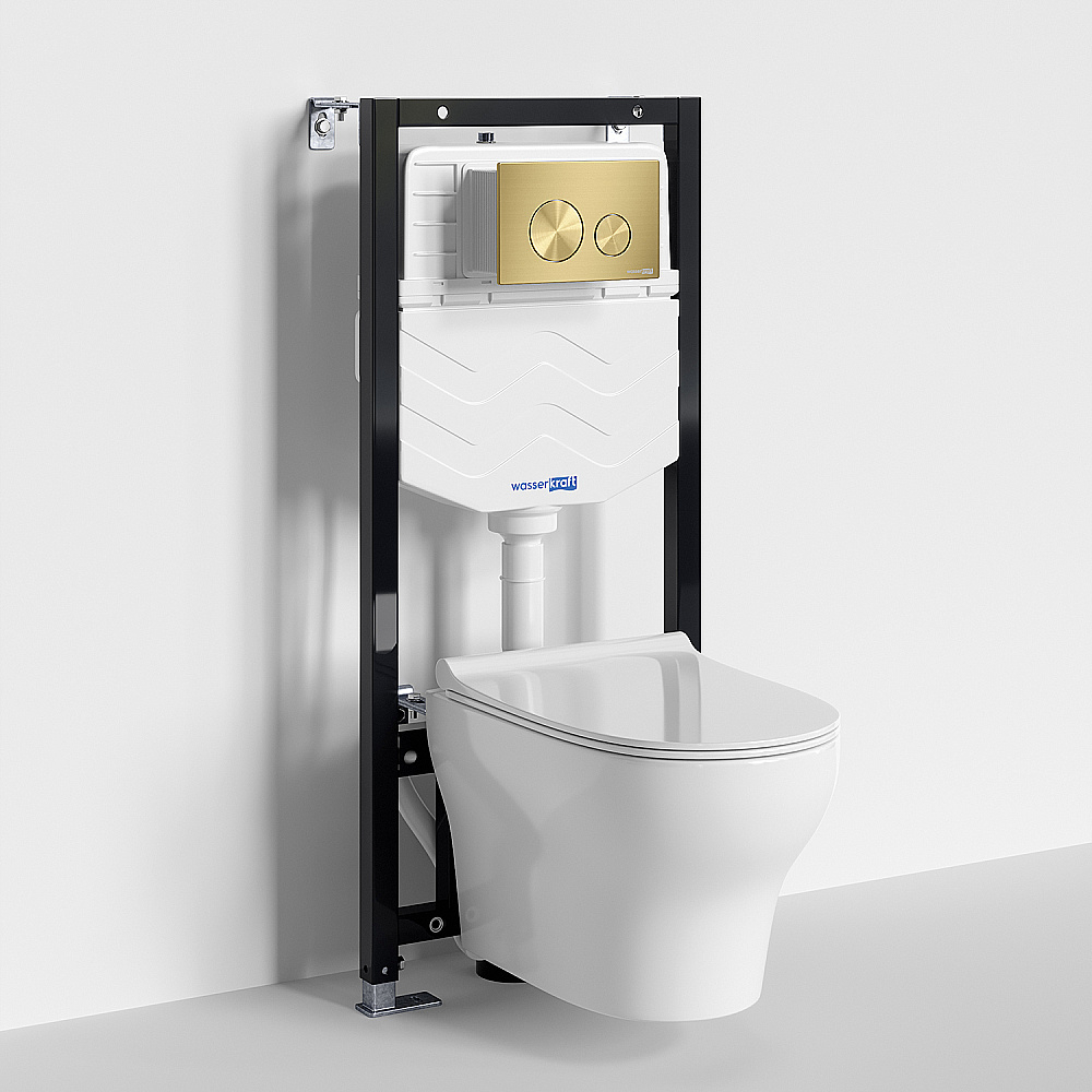 Унитаз подвесной WasserKRAFT Berkel 10TLT.010.ME.MG02.H001 безободковый, с инсталляцией Aller 10, с крышкой микролифт, белый/кнопка золото матовое