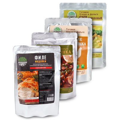 Набор 4шт, Готовый обед на два дня: Гороховый, Солянка - Индейка туш., Мясо цыпленка 250 (Кронидов)