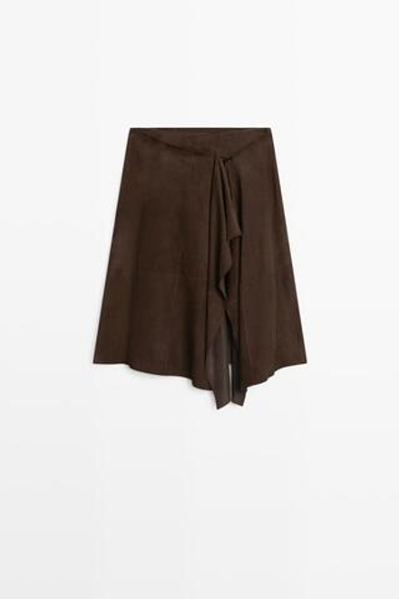Massimo Dutti Замшевая кожаная юбка миди с оборками, коричневый