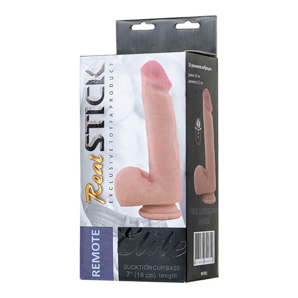 Телесный перезаряжаемый вибратор 21см с пультом ДУ ToyFa RealStick Ealstick Elite Vibro 987001