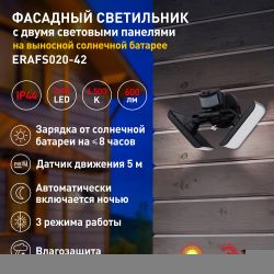 ERAFS020-42 ЭРА Фасадный светильник с двумя световыми панелями c выносной солн. бат., 2х50 LED, 600l