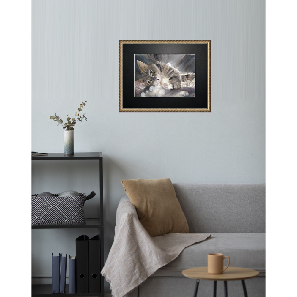 Картина авторская акварельная в паспарту 30х40 см на стену для интерьера "Кисюня"