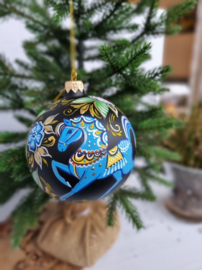 Шар стеклянный "Городецкая роспись" с лошадкой