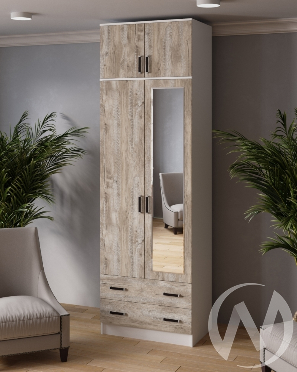 Шкаф комбинированный Лагуна 0;8 с зеркалом и антресолью (белый/дуб юкон)