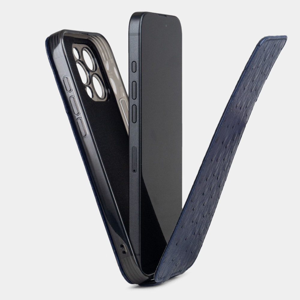 Кожаный чехол для iPhone 16 Pro, страус синего цвета