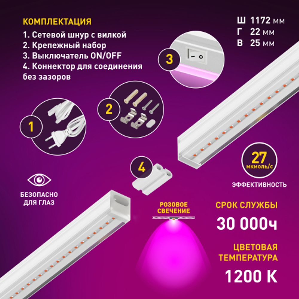Светильник для растений, фитолампа светодиодная линейная ЭРА LLED-05-T5-FITO-18W-W розового свечения 18 Вт