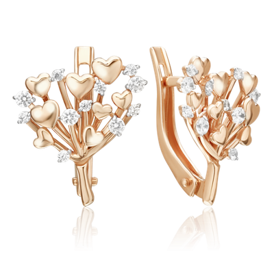 Серьги «Букет сердец» с английским замком из красного золота с фианитами