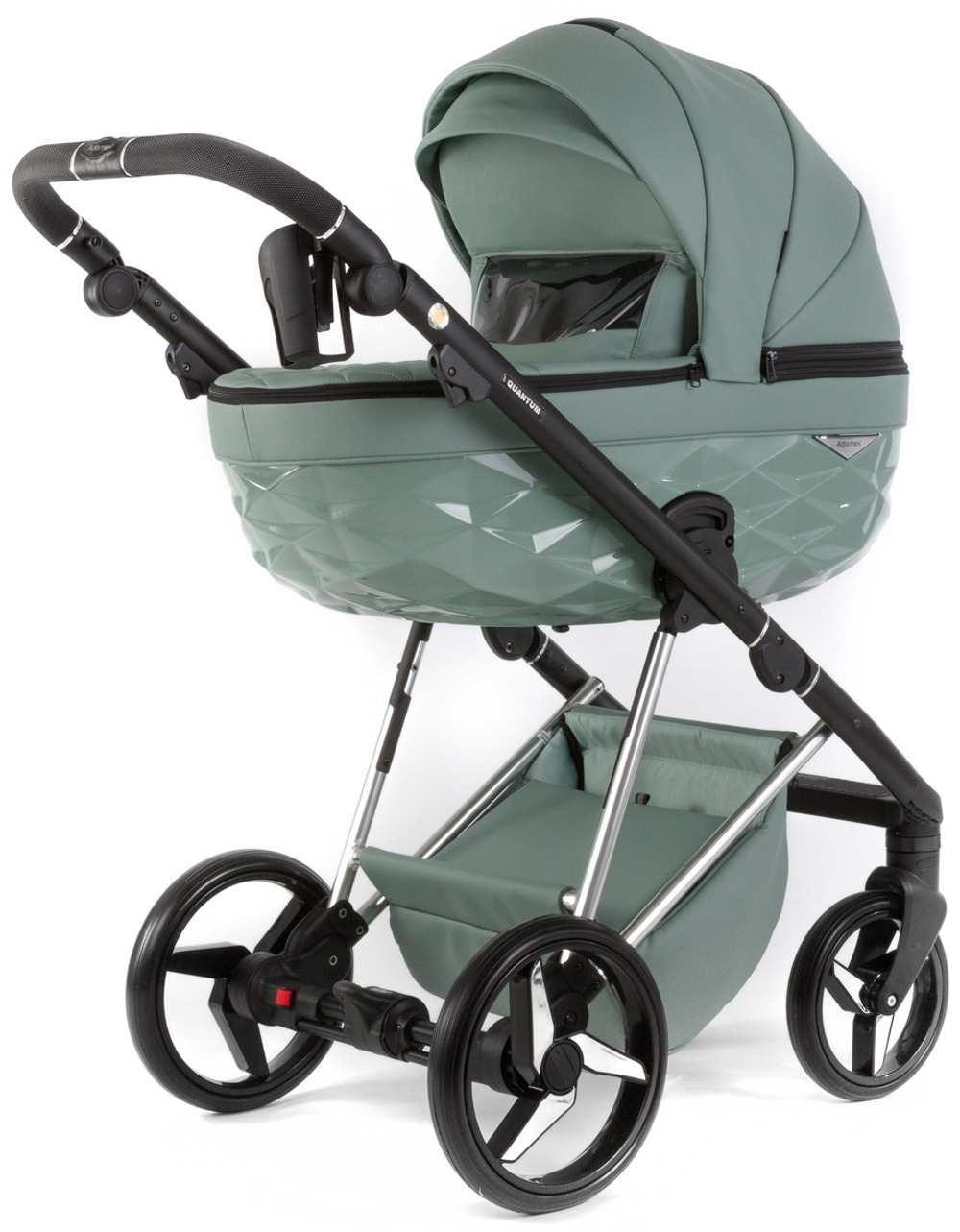 Детская коляска Adamex Quantum Superstar Deluxe 3 в 1 Q-STAR150-K (СЕРО-ЗЕЛЕН.КОЖА+СЕРО-ЗЕЛЕН.ДНО+ХРОМ.РАМА)