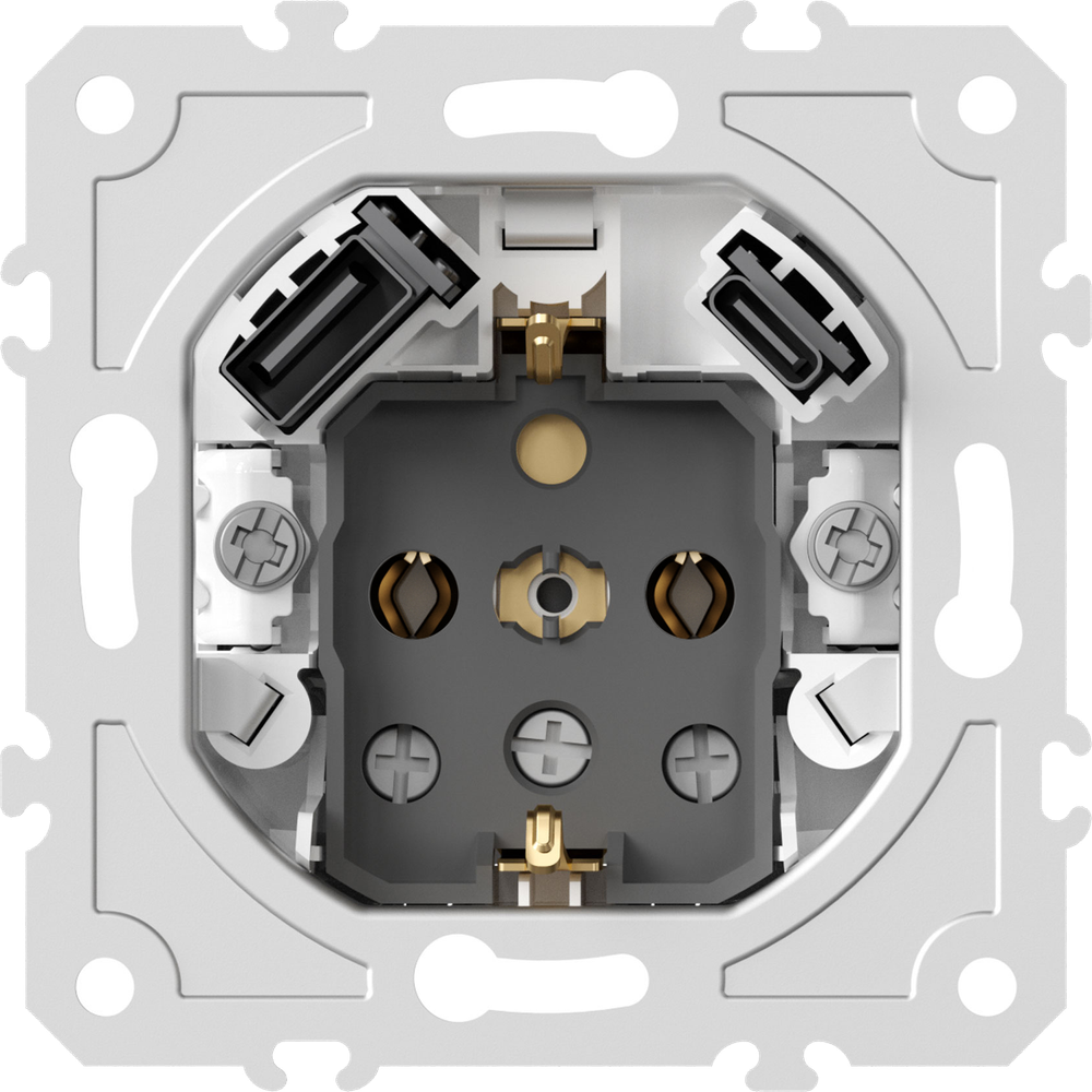 Механизм розетки Schuko 16А 250 В~ с зарядным устройством USB A+C,  5V/3A,  мощность 20W,  на винтах