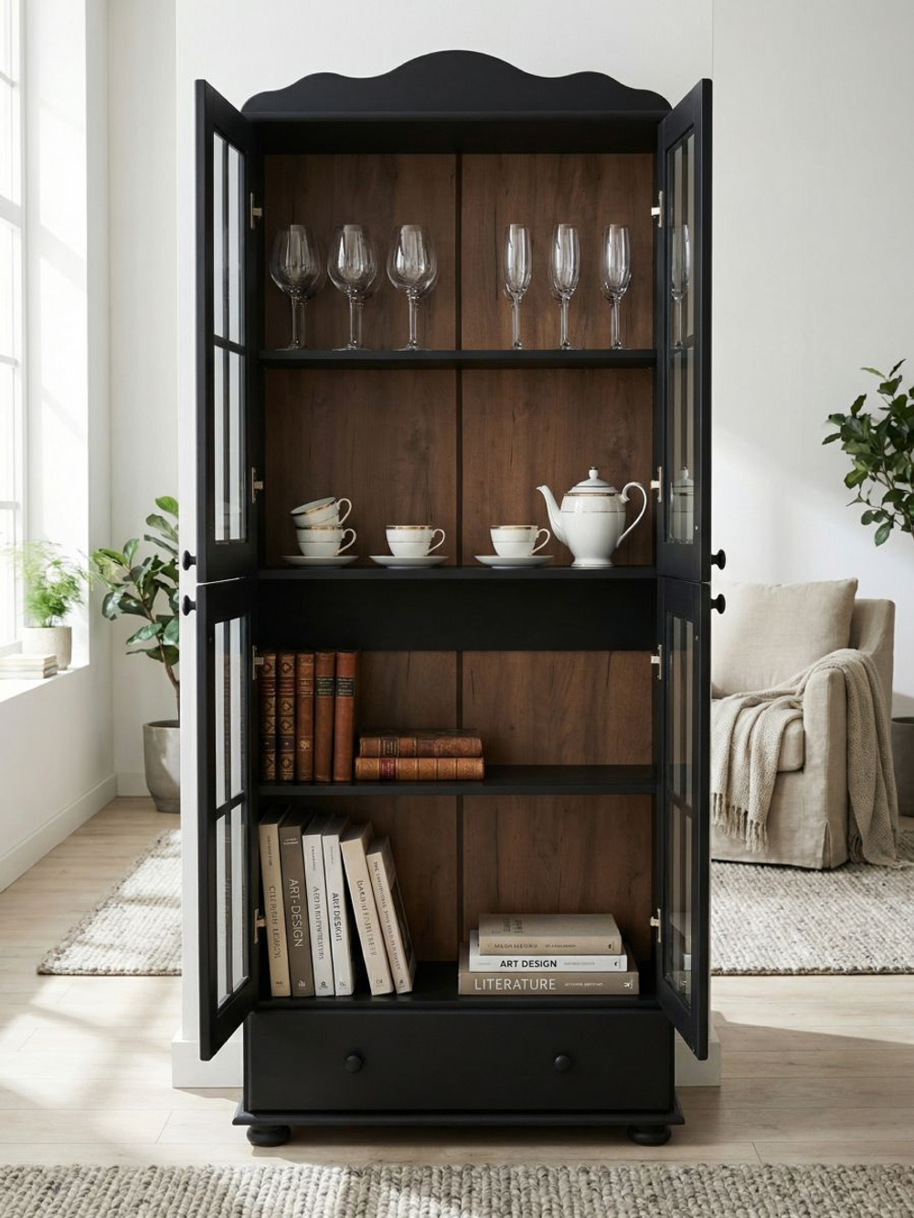 Шкаф витрина, 77х32х186, Бритта, буфет, стеклянный, сервант, деревянный, 2 двери, Dipriz