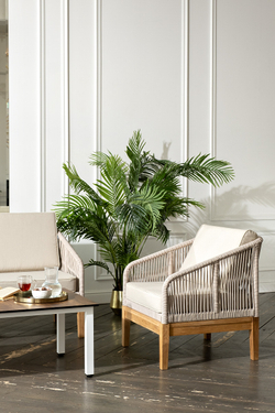 "Канны" лаунж-зона 4-местная из роупа со столиком "Канны" цвета "дуб", основание дуб, роуп бежевый