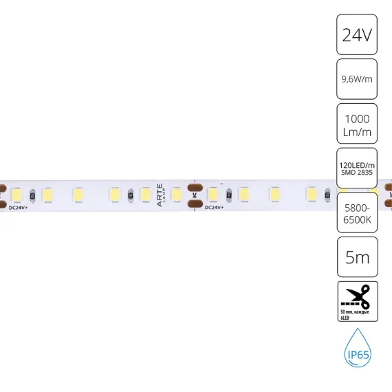 Светодиодная лента 24V 9,6W/m 6000К 5м Arte Lamp AQUA TAPE A2412008-06-6K