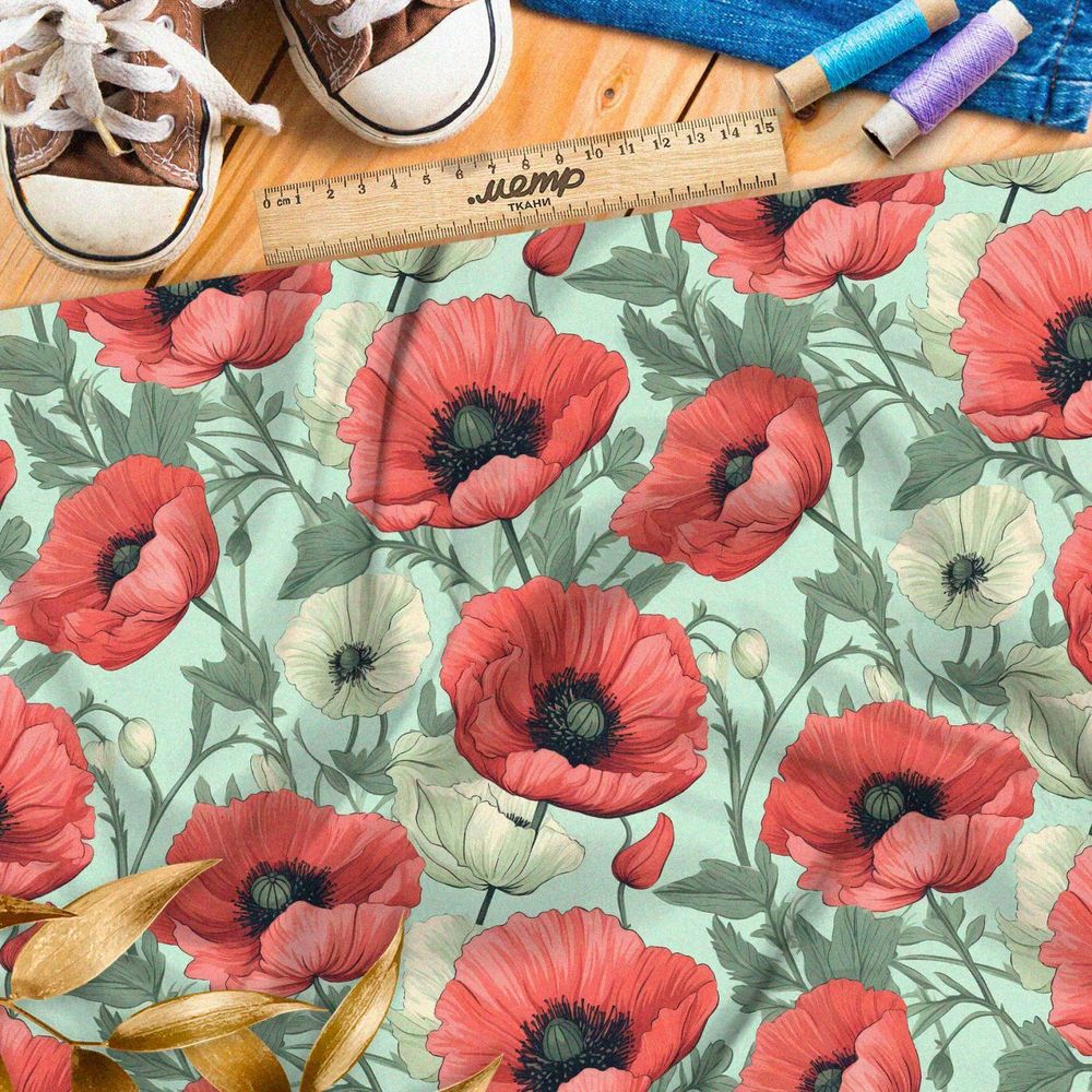 Ткань премиум шифон крупные маки с белыми цветами