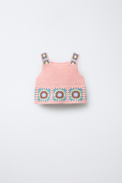 ZARA ТОП ИЗ КРУЖЕВА КРОШЕ, НЕОНОВО-РОЗОВЫЙ