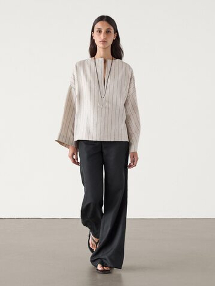Massimo Dutti Рубашка из смесового льна в контрастную полоску, бежевый