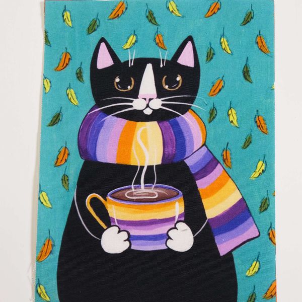 КОТ С КРУЖКОЙ, холст 20 / 15 см 1