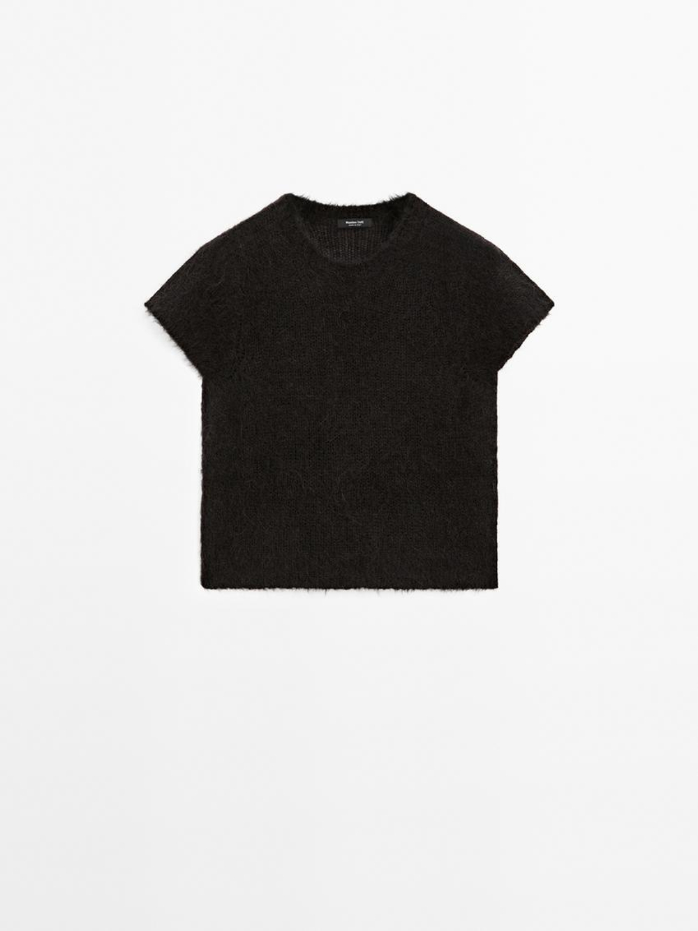 Massimo Dutti Трикотажный свитер из смесовой альпаки с короткими рукавами, кофейный