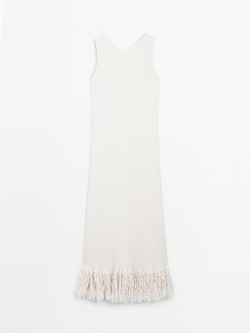 Massimo Dutti Трикотажное платье с бахромой по низу, натуральный, кремовый