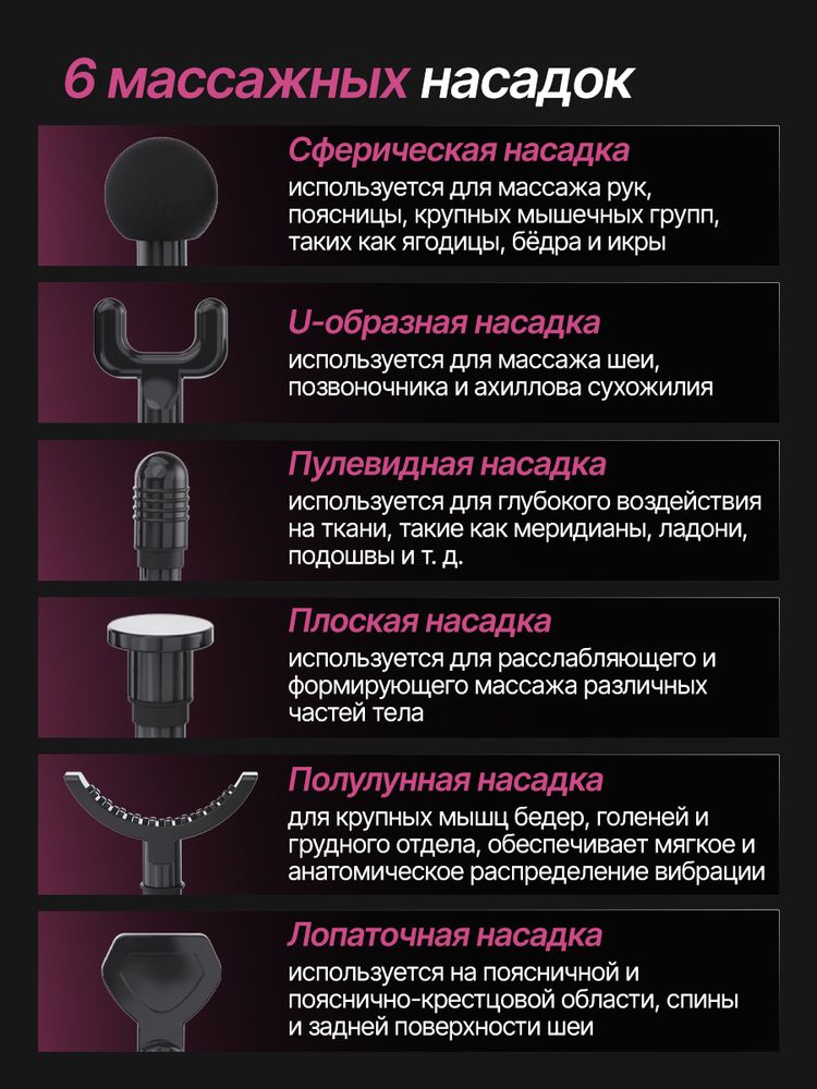 Перкуссионный массажер для тела, шеи и спины DFC VM-BR Фуксия, 6 насадок