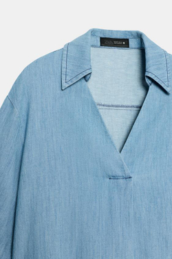 ZARA СВОБОДНАЯ БЛУЗА С V-ОБРАЗНЫМ ВЫРЕЗОМ, СИНИЙ