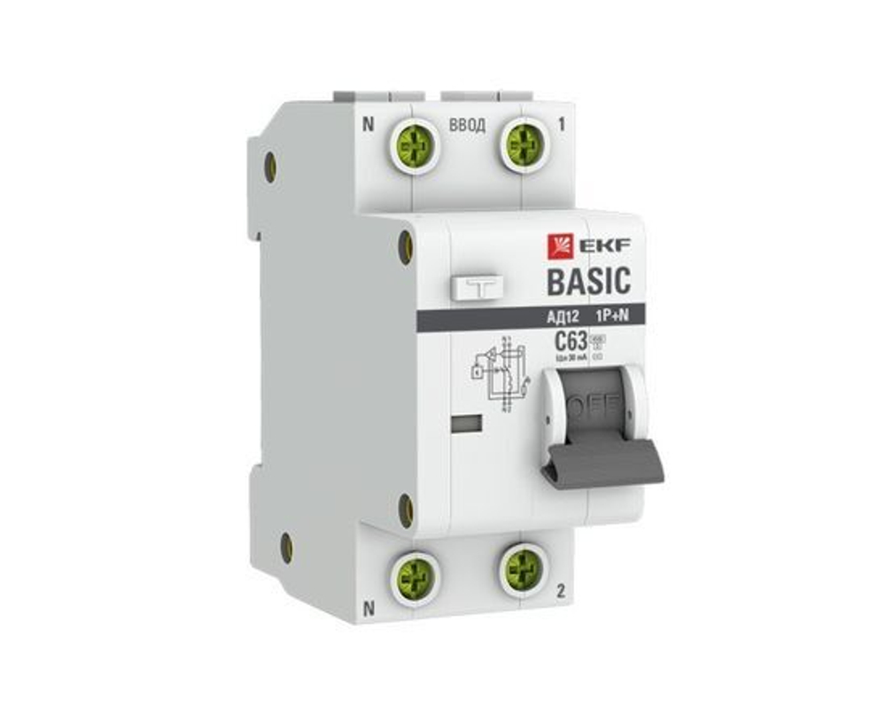 Выключатель автоматический дифференциального тока 2п (1P+N) C 25А 30мА тип AC 4.5кА АД-12 Basic EKF DA12-25-30-bas