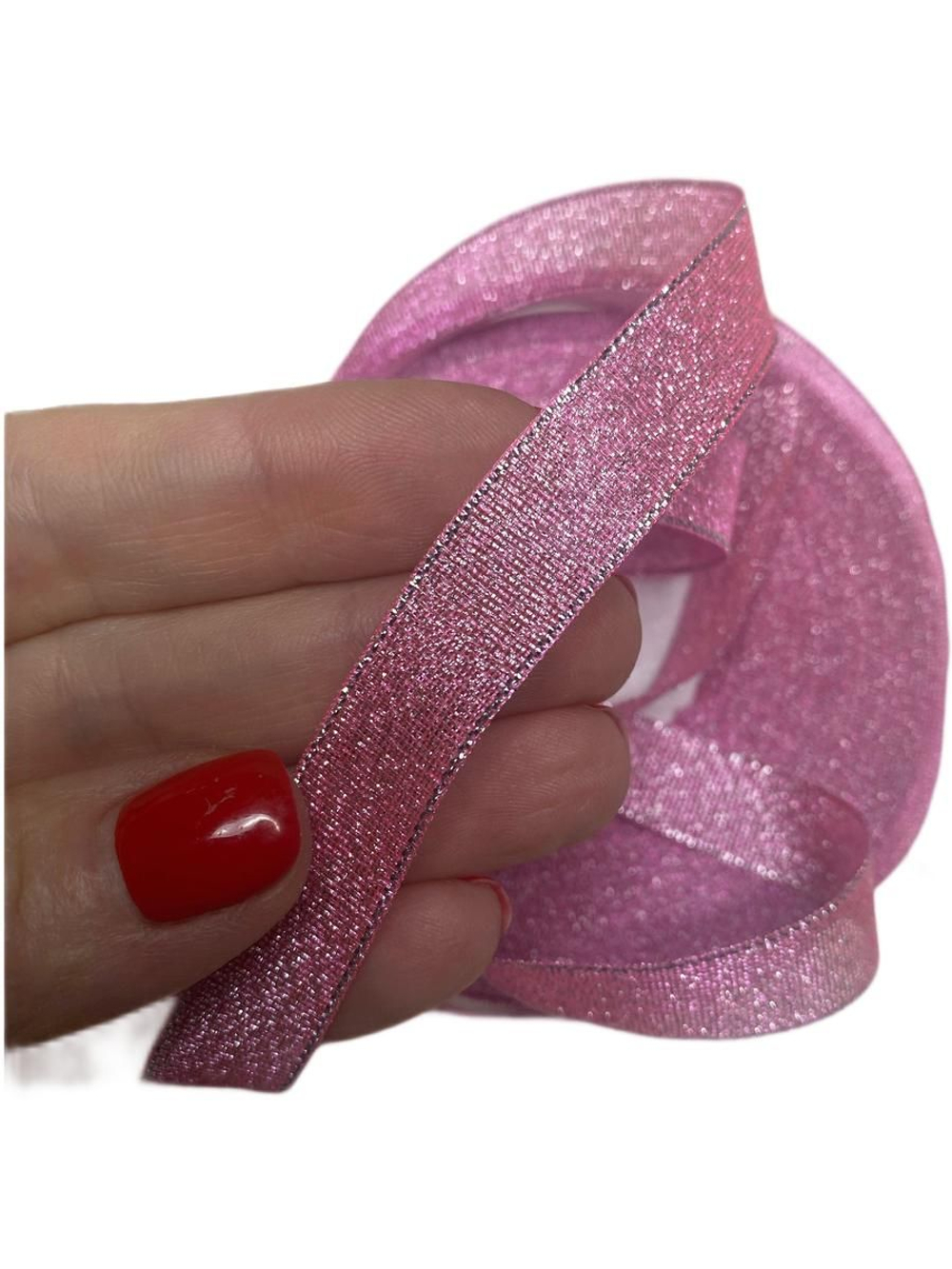 Лента люрекс 12мм - 33м -1 боб. (розовый с серебром)