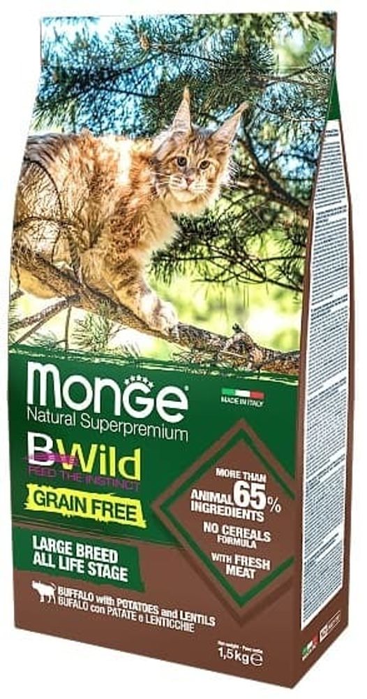 Monge 1,5кг BWild Cat GRAIN FREE беззерновой корм из мяса буйвола для крупных кошек