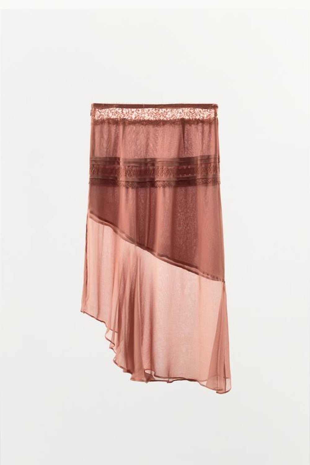 ZARA ЮБКА ИЗ ЖОРЖЕТА С КРУЖЕВОМ, РОЗОВАТЫЙ