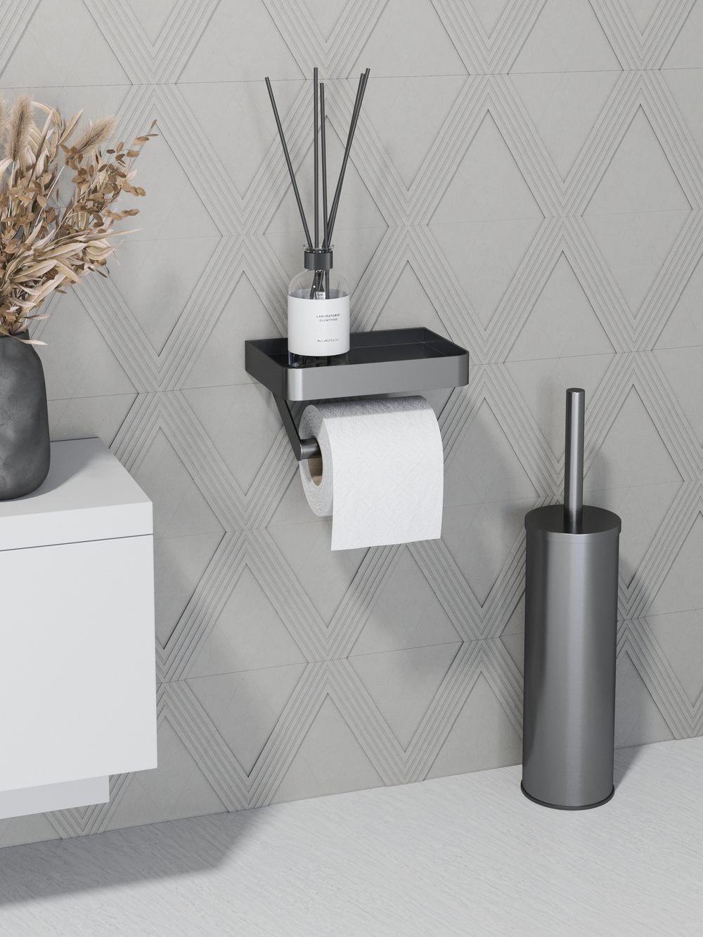 Держатель для туалетной бумаги STWORKI Стокгольм S36345GB настенный, вороненая сталь, с полкой