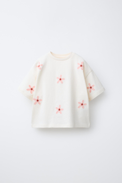ZARA ФУТБОЛКА С ВЫШИТЫМИ ЦВЕТАМИ, ЭКРЮ