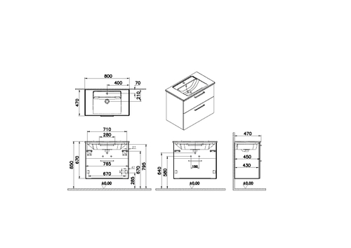 Тумба с раковиной Vitra Root 80 см, 2 ящика, кордоба