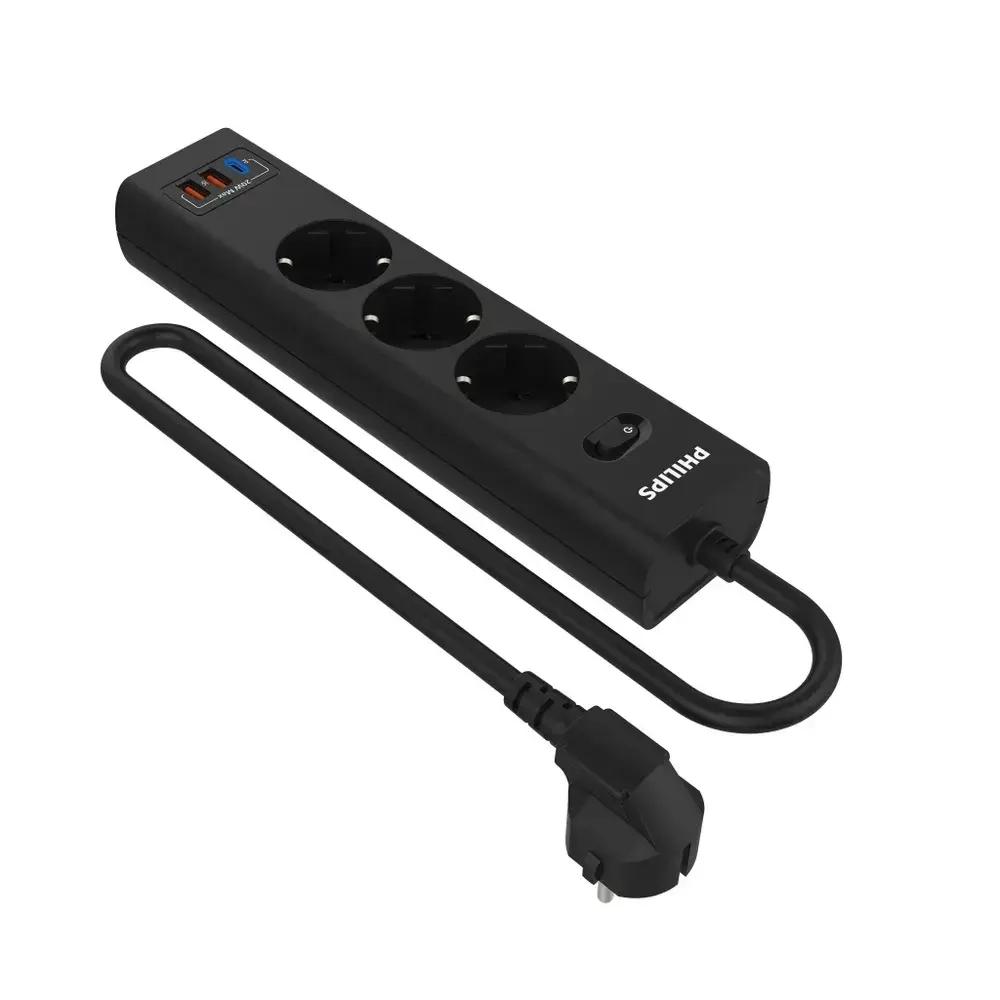 Сетевой фильтр удлинитель Philips CHP4336BA/51 с тремя стандартными розетками EU, 2 USB-A, Type-C, с заземлением и защитой от перегрузок, 2 м, черный