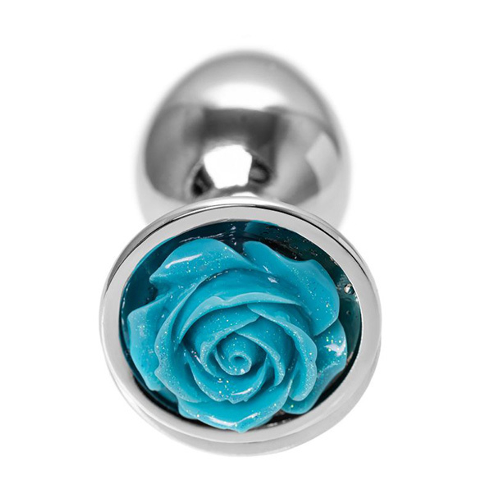 Серебристая анальная втулка с голубой розочкой 8см ToyFa Metal 717009-14