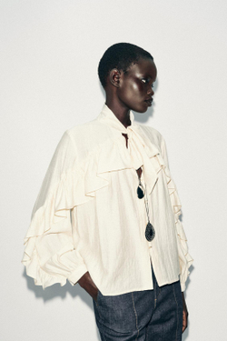 ZARA БЛУЗА С ВОЛАНАМИ И БАНТОМ, ЭКРЮ