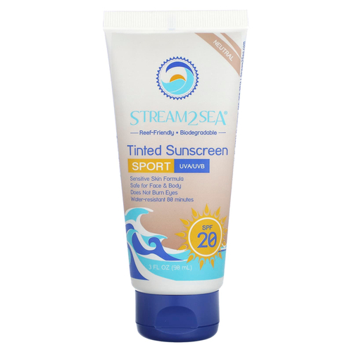 Stream2Sea, Солнцезащитное средство с тонирующим эффектом, Sport, SPF 20, нейтральный, без отдушек, 90 мл (3 жидк. унц.)