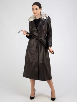 Кожаный тренч длинный с поясом плащ