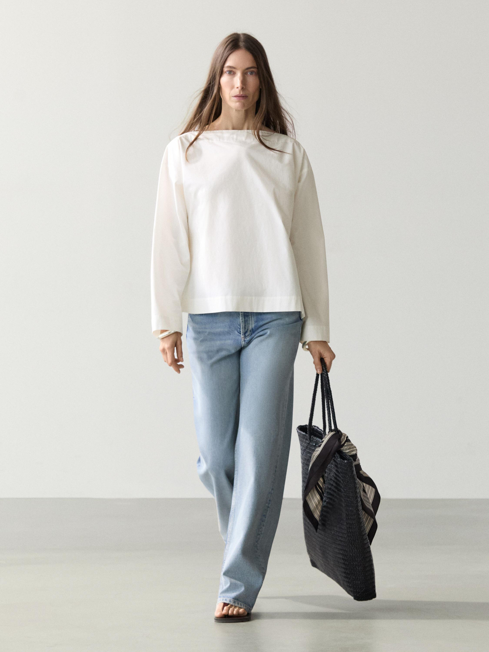 Massimo Dutti Блуза из поплина с вырезом «лодочка», белый