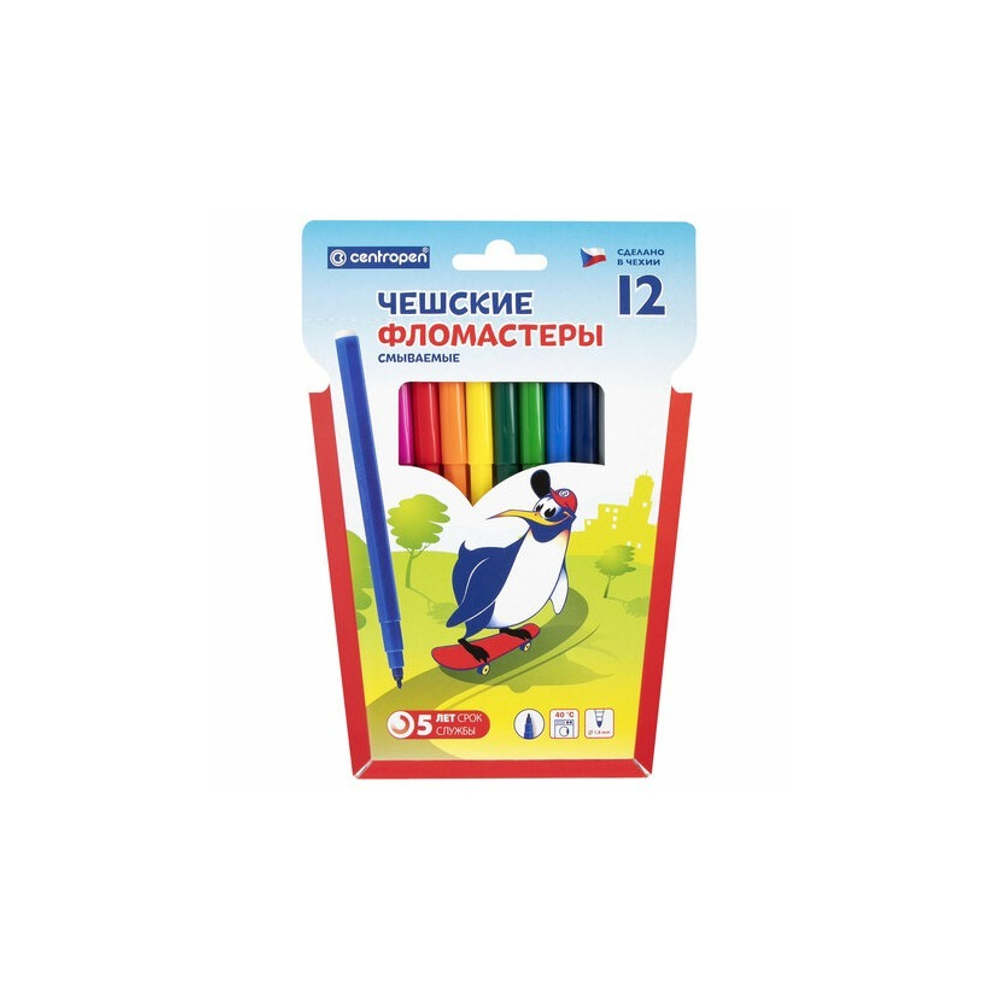 Фломастеры 12цв. CENTROPEN Пингвины, круглые, смываемые, 7790